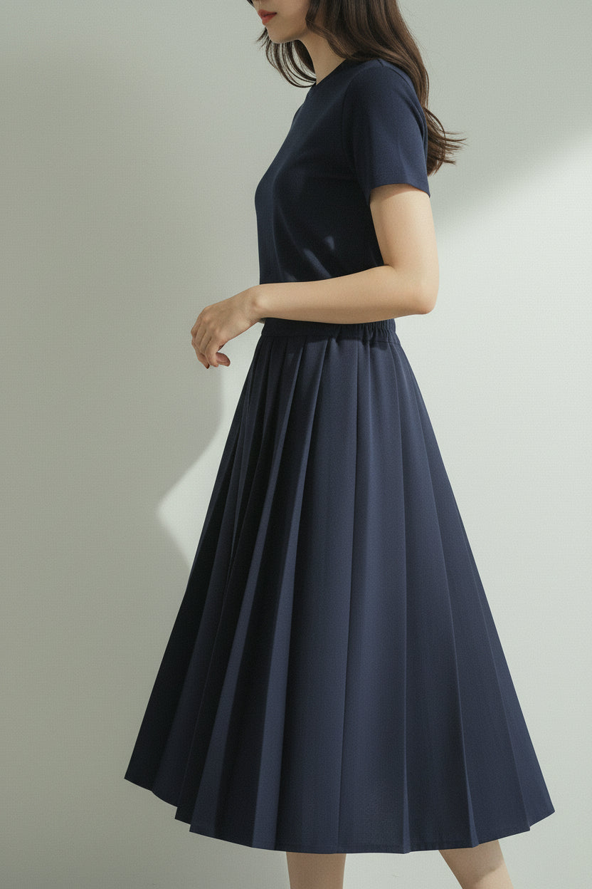 Womens A-Line Pleated Midi Skirt - High Waist Box Pleat