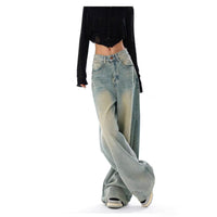 Mens Wide Leg Jeans - High Waist Washed Vintage Denim Trousers