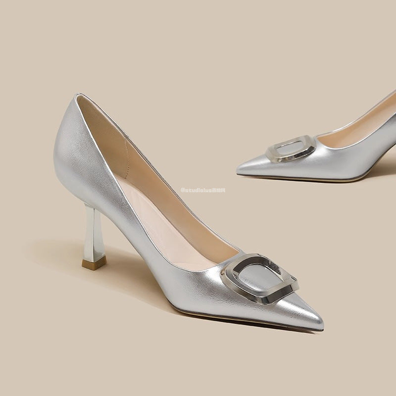Womens Pointed Toe Stiletto Heels - French Square Buckle Slingback
