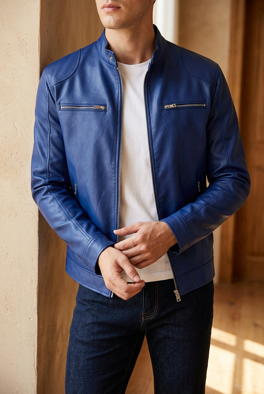 Men's Faux Leather Moto Jacket - Classic Slim Fit Biker Jacket for Fall & Winter