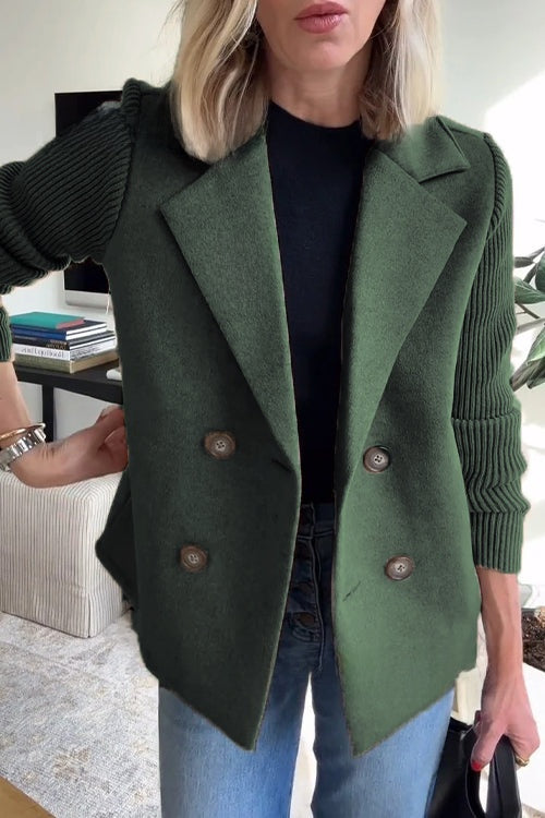 Womens Double Breasted Coat - Suit Collar Textured Hip Length