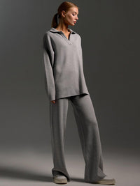 Women's Knit Hoodie and Wide Leg Pants Set - Two Piece Knitted Lounge Set, Cozy Fall & Winter Co Ord