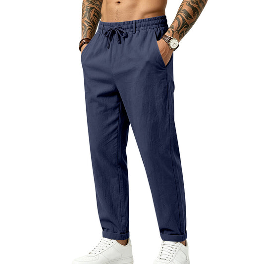 Mens Linen Drawstring Trousers - Casual Elasticated Summer Pants