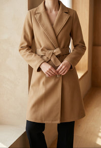 Women's Belted Camel Coat - Double Breasted Long Peacoat, Winter Overcoat