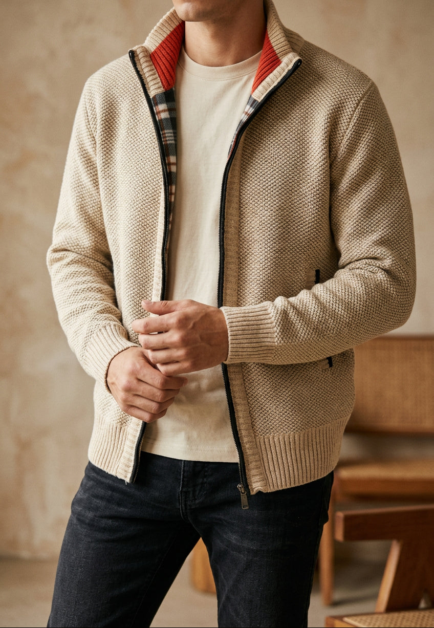 Men's Fleece Lined Cardigan - Full Zip Stand Collar Knit Sweater Jacket, Warm Winter Layer