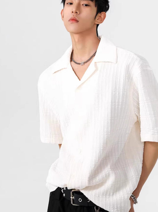 Mens Cuban Collar Shirt - Grid Check Open Front Short Sleeve