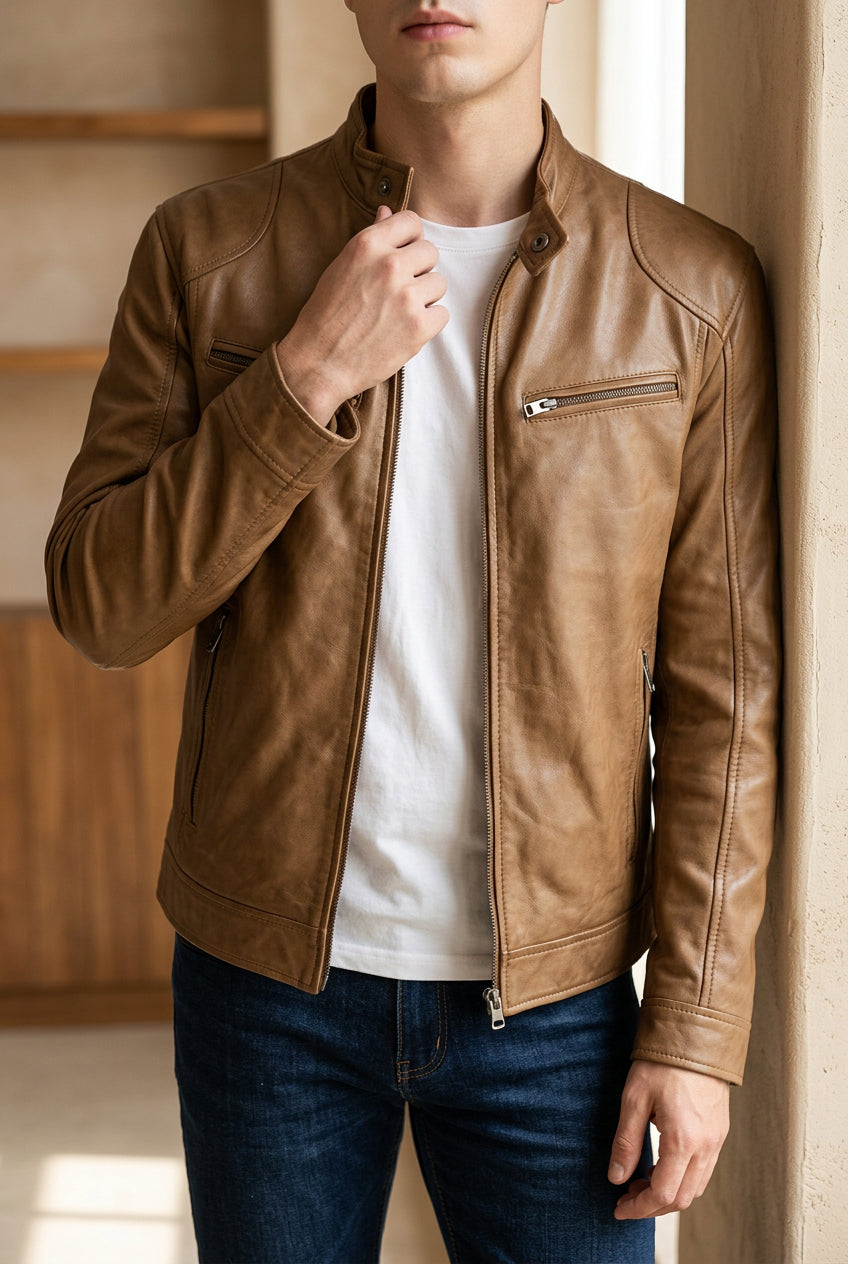 Men's Faux Leather Moto Jacket - Stand Collar Zip Up Biker Jacket for Fall