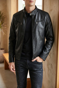 Men's Faux Leather Jacket - Stand Collar Moto Jacket with Quilted Shoulders for Fall