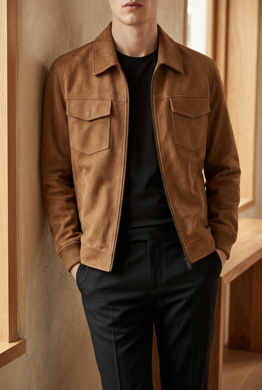 Men's Suede Shirt Jacket - Button Up Collared Shacket for Fall