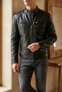 Men's Faux Leather Moto Jacket - Stand Collar Zip Up Biker Jacket for Fall