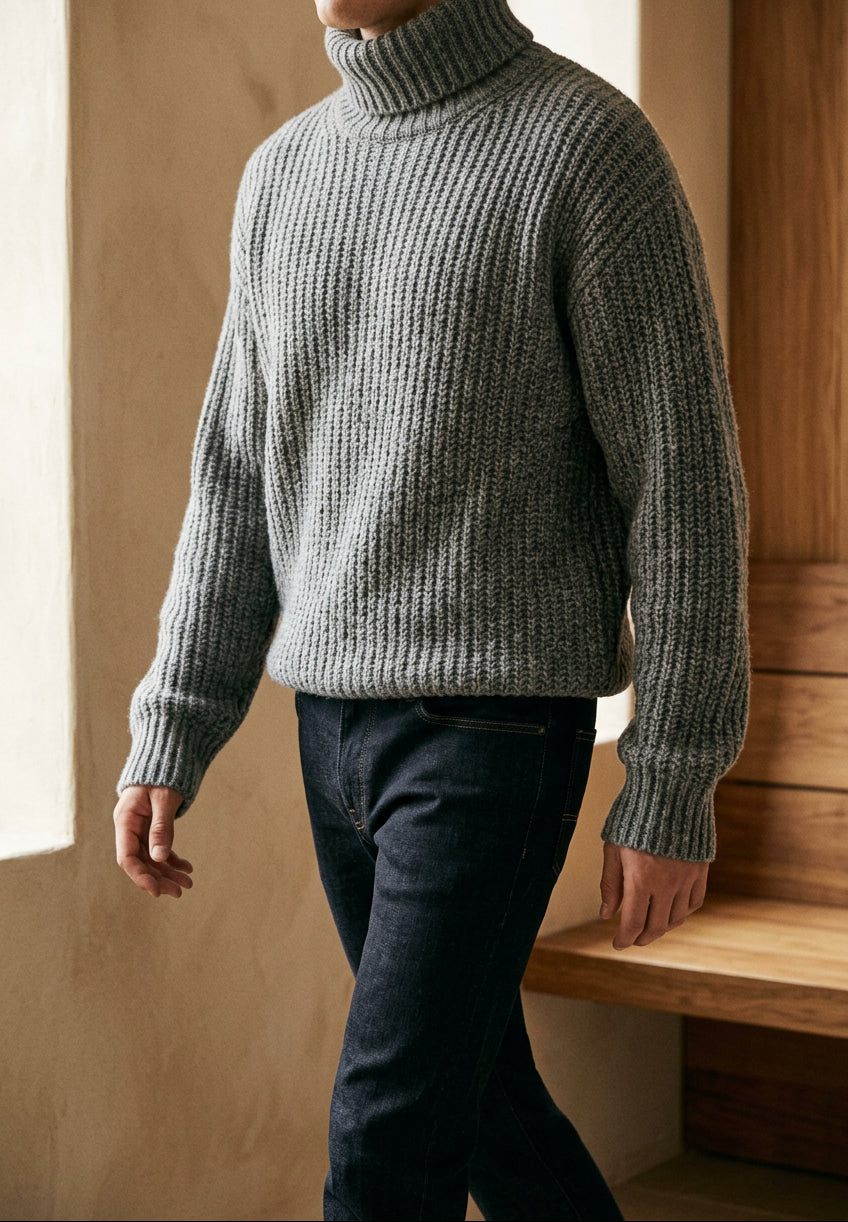 Men's Chunky Turtleneck Sweater - Oversized Knit Pullover, Warm Winter Jumper
