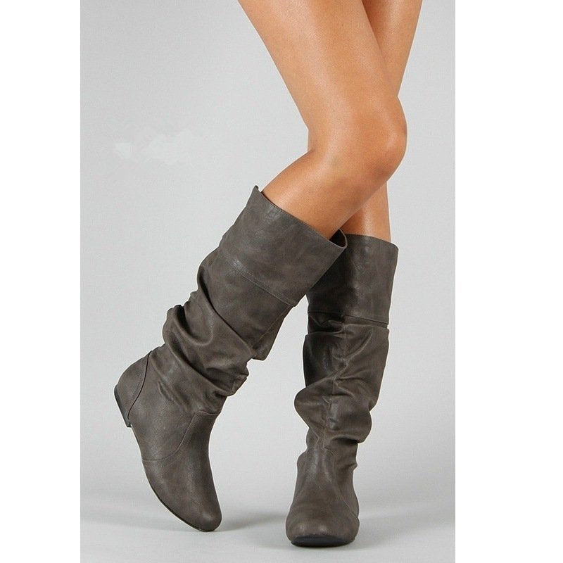 Women's Slouch Mid Calf Boots - Flat Faux Leather Pull On Boots for Fall