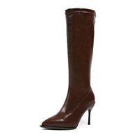 Women's Stiletto Knee High Boots - Pointed Toe Faux Leather Tall Boots