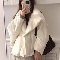 Womens Short Puffer Jacket - Lapel Collar Button Front Padded Coat