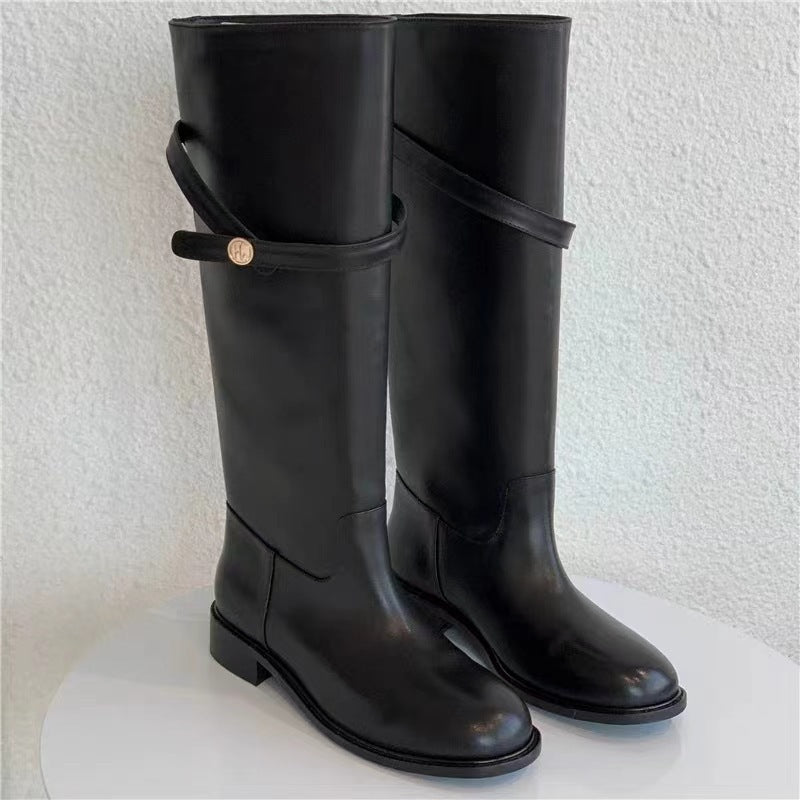 Womens Knee High Leather Boots - Tall Long Boots, Gold Buckle
