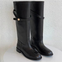 Womens Knee High Leather Boots - Tall Long Boots, Gold Buckle