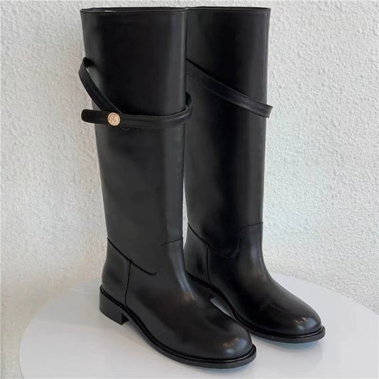 Womens Knee High Leather Boots - Tall Long Boots, Gold Buckle