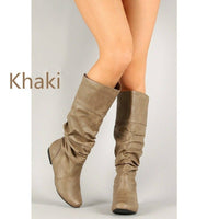 Women's Slouch Mid Calf Boots - Flat Faux Leather Pull On Boots for Fall