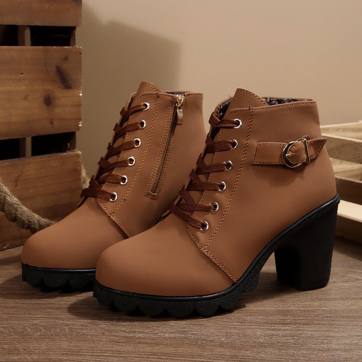 Women's Chunky Heel Combat Boots - Lace Up Side Zip Ankle Booties for Fall & Winter
