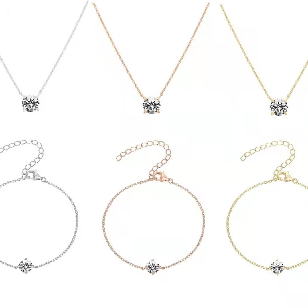 Gold Plated Clavicle Necklace - Simulated Diamond Pendant Chain