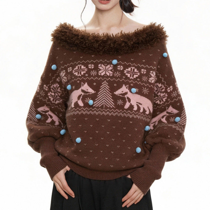 Women's Christmas Fair Isle Cardigan - Fox and Snowflake Jacquard Knit Sweater with Fluffy Collar