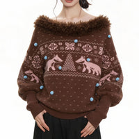 Women's Christmas Fair Isle Cardigan - Fox and Snowflake Jacquard Knit Sweater with Fluffy Collar