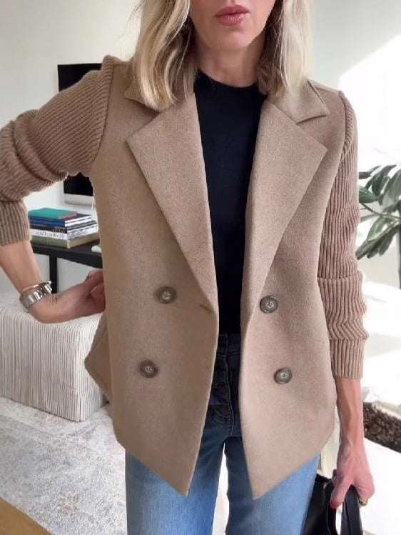 Womens Double Breasted Coat - Suit Collar Textured Hip Length
