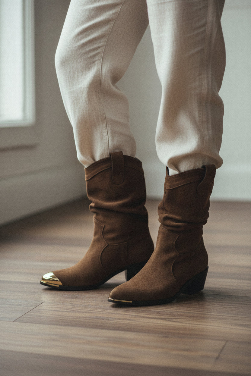 Womens Slouch Boots - Pointed Toe Mid Calf Western Block Heel Suede Cowboy Boots