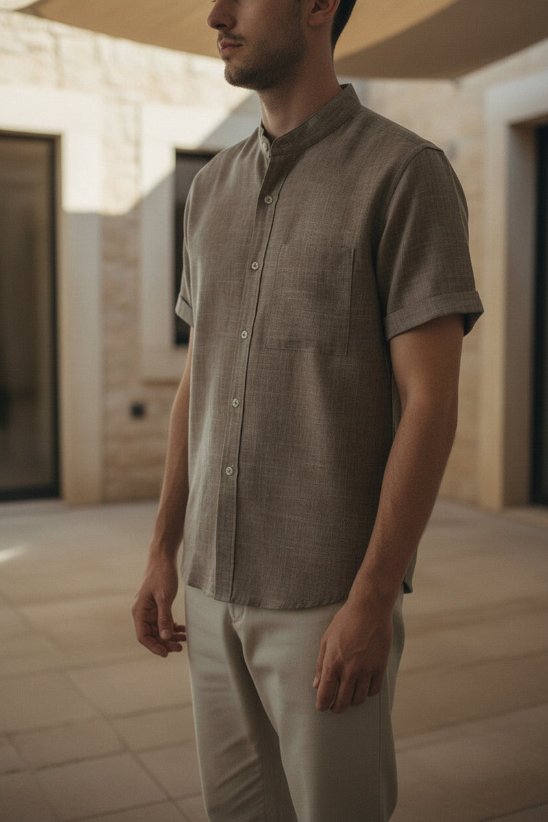 Mens Stand Collar Shirt - Short Sleeve Button Up, Sizes to 6XL