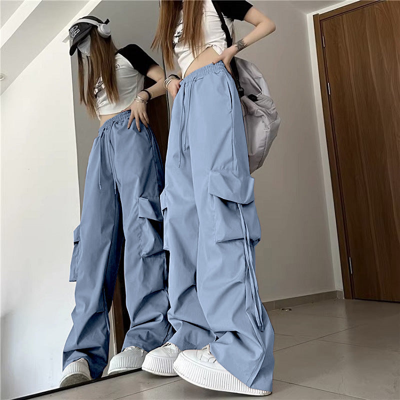 Womens Cargo Wide Leg Trousers - High Waist Baggy Utility Pants
