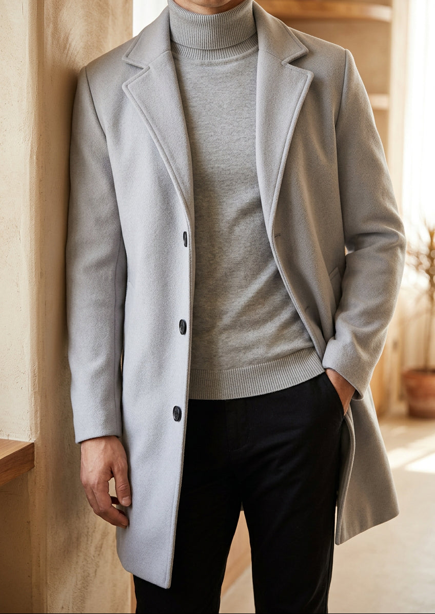Men's Long Overcoat - Single Breasted Notch Lapel Winter Coat, Slim Fit Topcoat