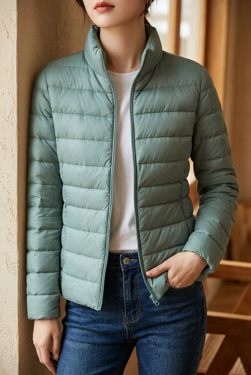 Women's Cropped Puffer Jacket - Lightweight Stand Collar Down Jacket for Fall & Winter