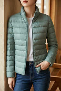 Women's Cropped Puffer Jacket - Lightweight Stand Collar Down Jacket for Fall & Winter