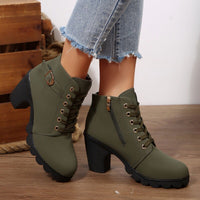 Women's Chunky Heel Combat Boots - Lace Up Side Zip Ankle Booties for Fall & Winter