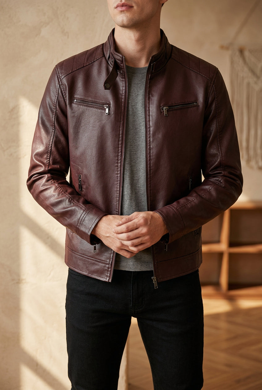 Men's Faux Leather Jacket - Stand Collar Moto Jacket with Quilted Shoulders for Fall