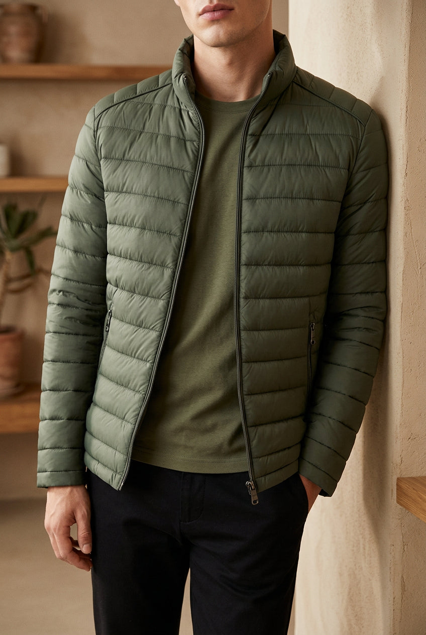 Men's Lightweight Puffer Jacket - Stand Collar Quilted Winter Coat
