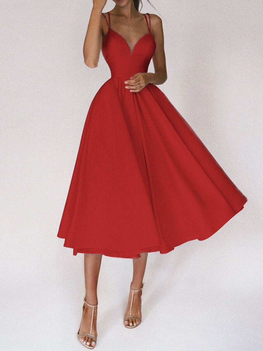 Womens A-Line Midi Dress - Sleeveless Strappy Flared Summer Dress