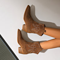 Women's Suede Western Ankle Boots - Short Cowboy Booties with Block Heel, Fall Boots