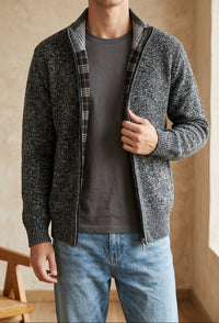 Men's Fleece Lined Cardigan - Full Zip Stand Collar Knit Sweater Jacket, Warm Winter Layer