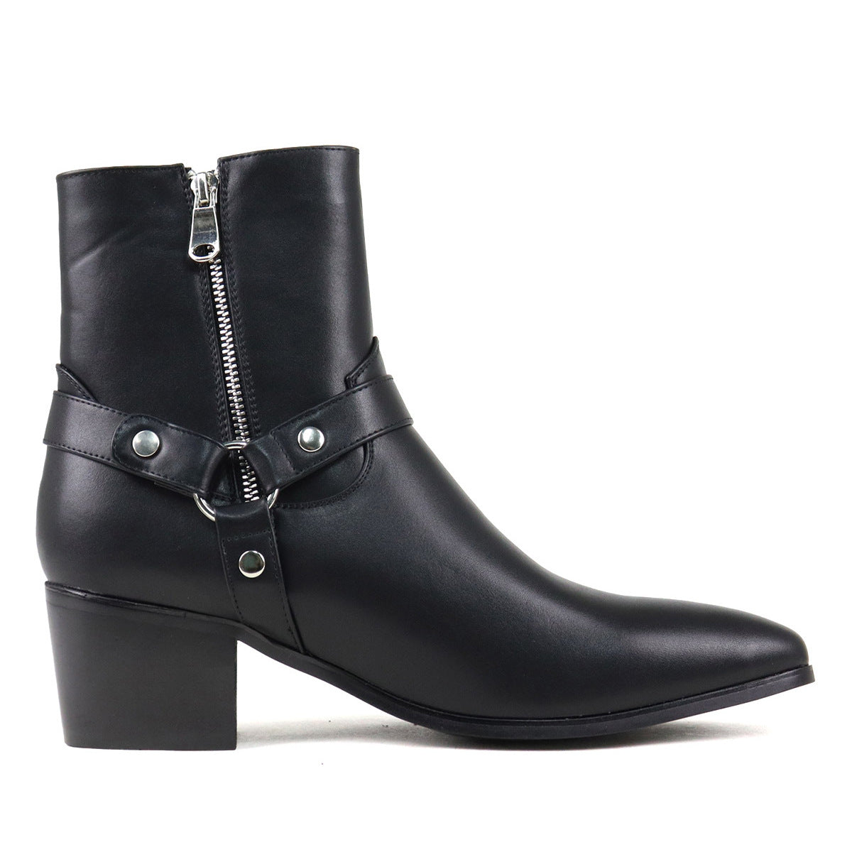 Mens Pointed Toe Ankle Boots - Side Zip Mid Heel Chelsea Style