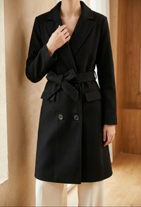Women's Belted Camel Coat - Double Breasted Long Peacoat, Winter Overcoat