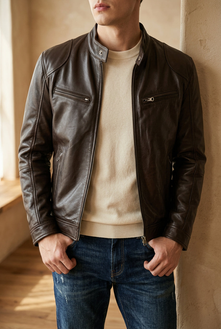Men's Faux Leather Moto Jacket - Stand Collar Zip Up Biker Jacket for Fall