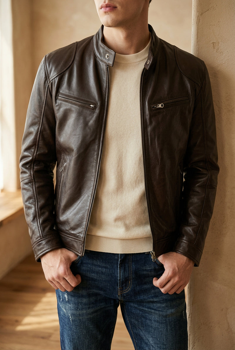 Men's Faux Leather Moto Jacket - Stand Collar Zip Up Biker Jacket for Fall