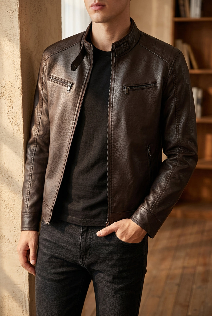 Men's Faux Leather Jacket - Stand Collar Moto Jacket with Quilted Shoulders for Fall