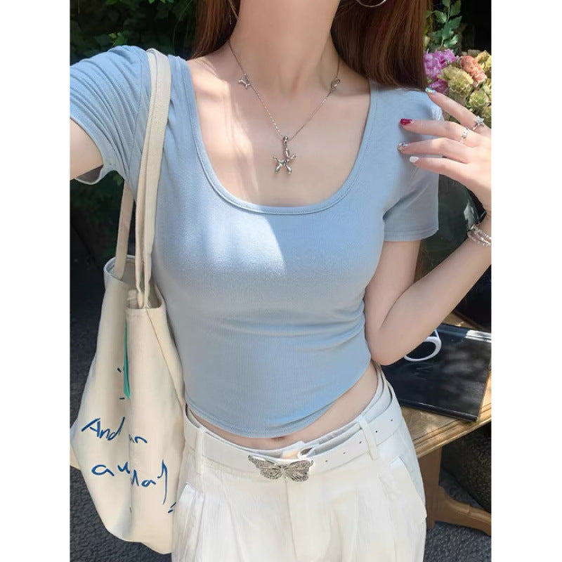 Womens Cropped U-Neck T-Shirt - Fitted Short Sleeve Baby Tee