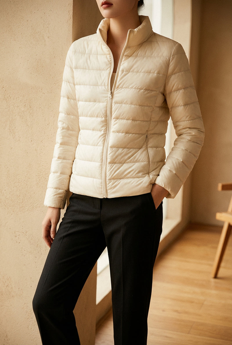 Women's Cropped Puffer Jacket - Lightweight Stand Collar Down Jacket for Fall & Winter