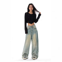 Mens Wide Leg Jeans - High Waist Washed Vintage Denim Trousers