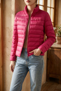 Women's Cropped Puffer Jacket - Lightweight Stand Collar Down Jacket for Fall & Winter