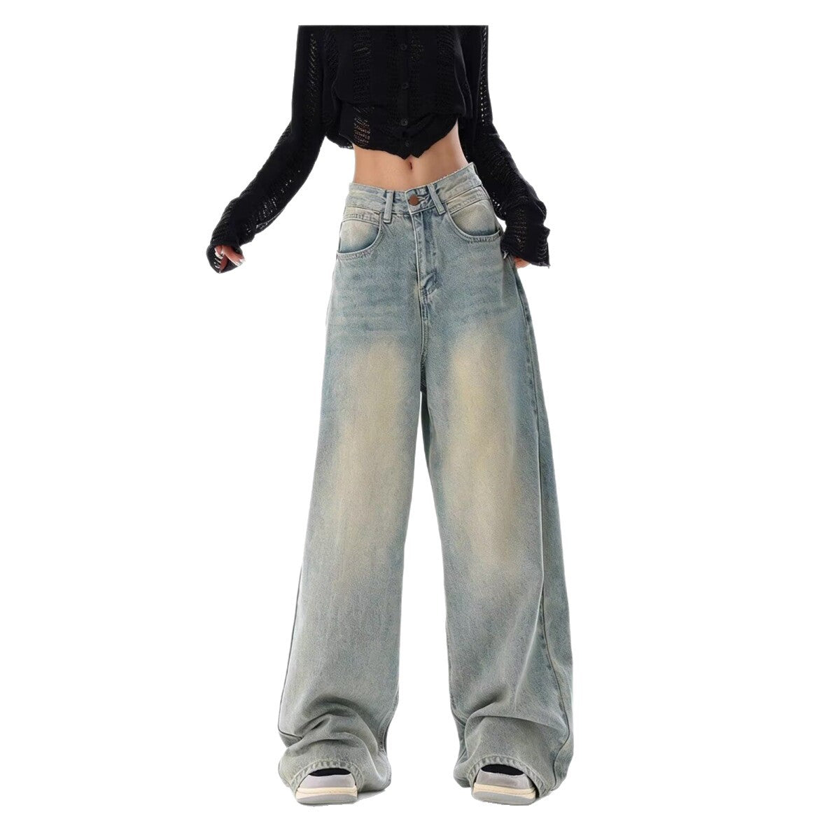 Mens Wide Leg Jeans - High Waist Washed Vintage Denim Trousers
