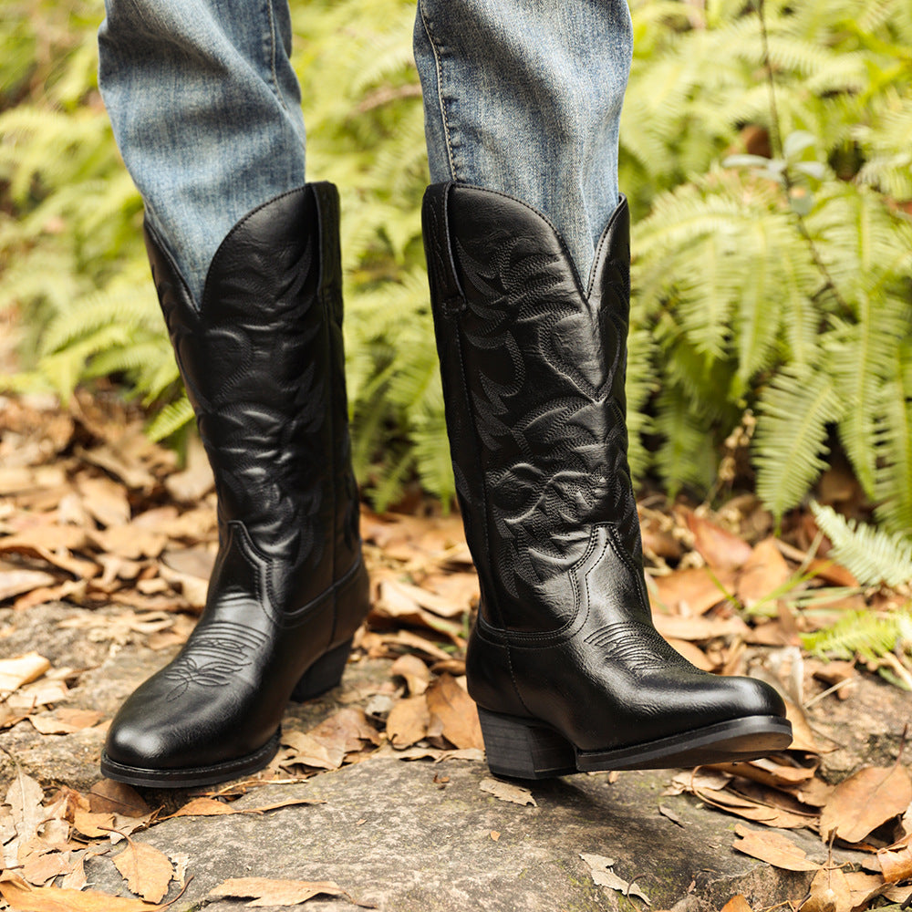 Men's Embroidered Western Cowboy Boots with Wooden Heel - Classic Fall Boots